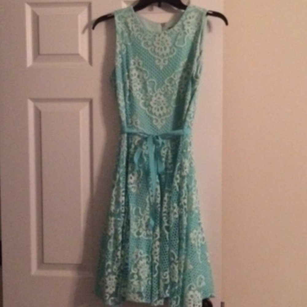 Blue and white lace dress with fabric tie